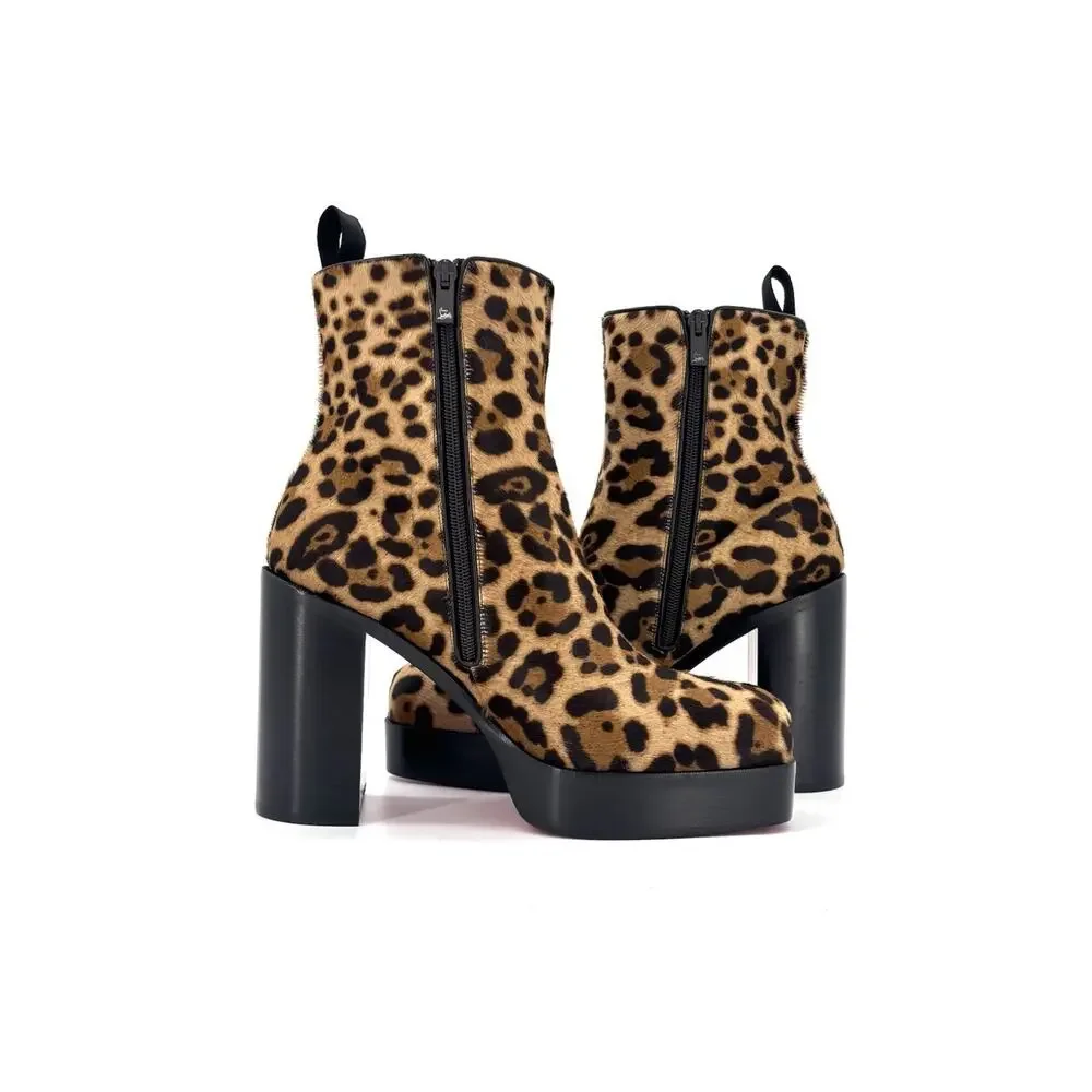 NEW Christian Louboutin Stage 110 Ponyhair Leopard Print Platform Boots 42